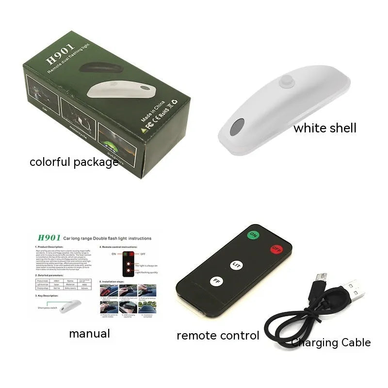 Black remote-controlled car strobe light with charging cable on a white background.