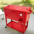 Red outdoor insulated cart cooler box with iron trolley frame and 750 ml capacity.