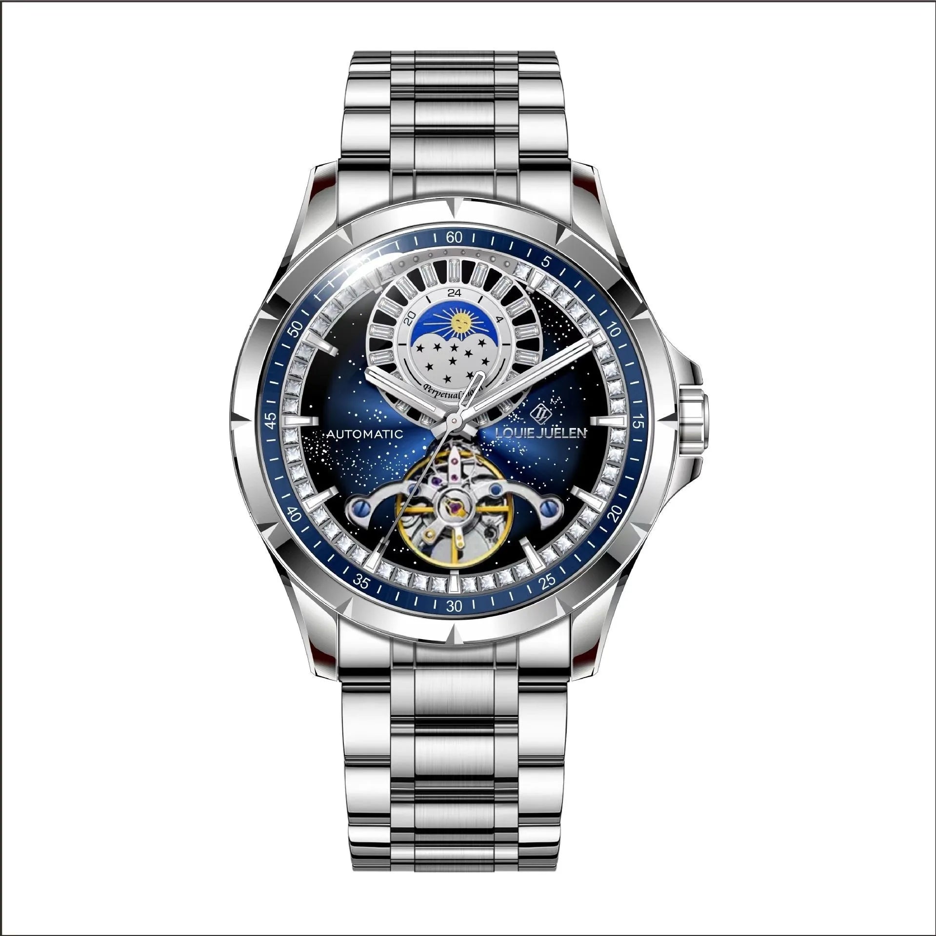 Men's silver waterproof automatic watch with blue dial and stainless steel strap
