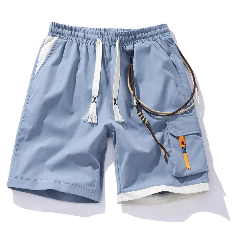 Men's loose fit bamboo fiber sports shorts in black, blue, coffee, and white with high waist and straight leg design