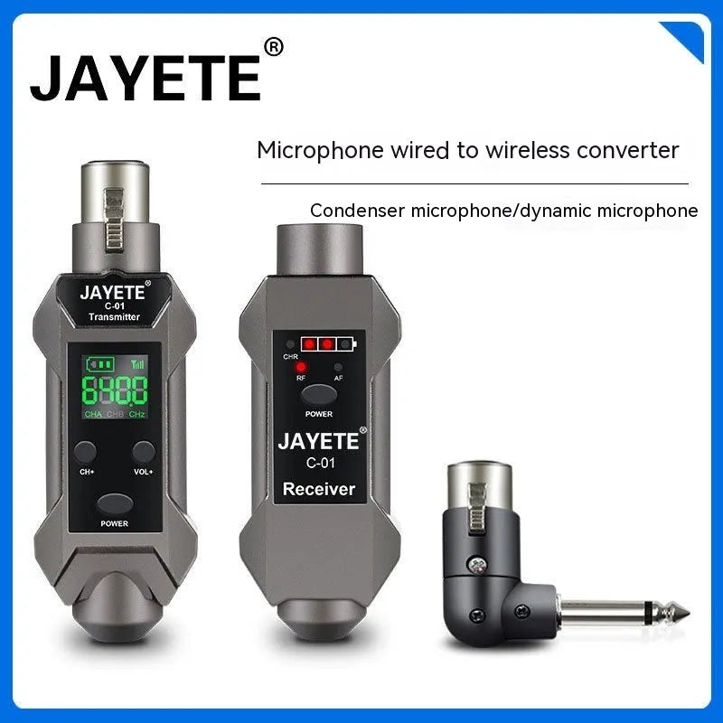 Wireless microphone converter set with transmitter, receiver, and converter head for moving coil and condenser mics, 15x15x5cm