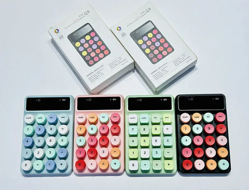 Mini portable wireless keyboard showing macaron colour options on ABS plastic construction