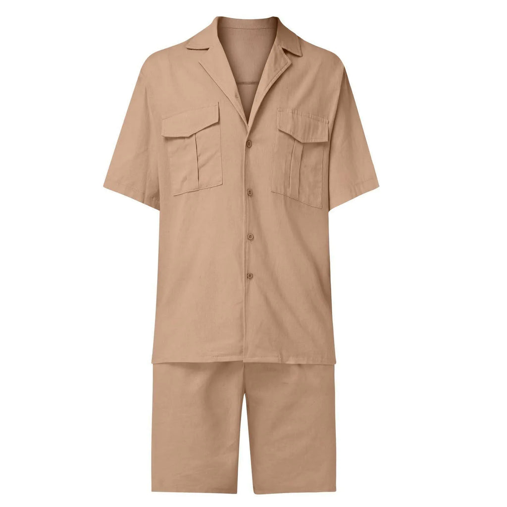 Linen lapel collar short sleeve shirt set with pockets in loose casual style, solid colour, women's summer outfit