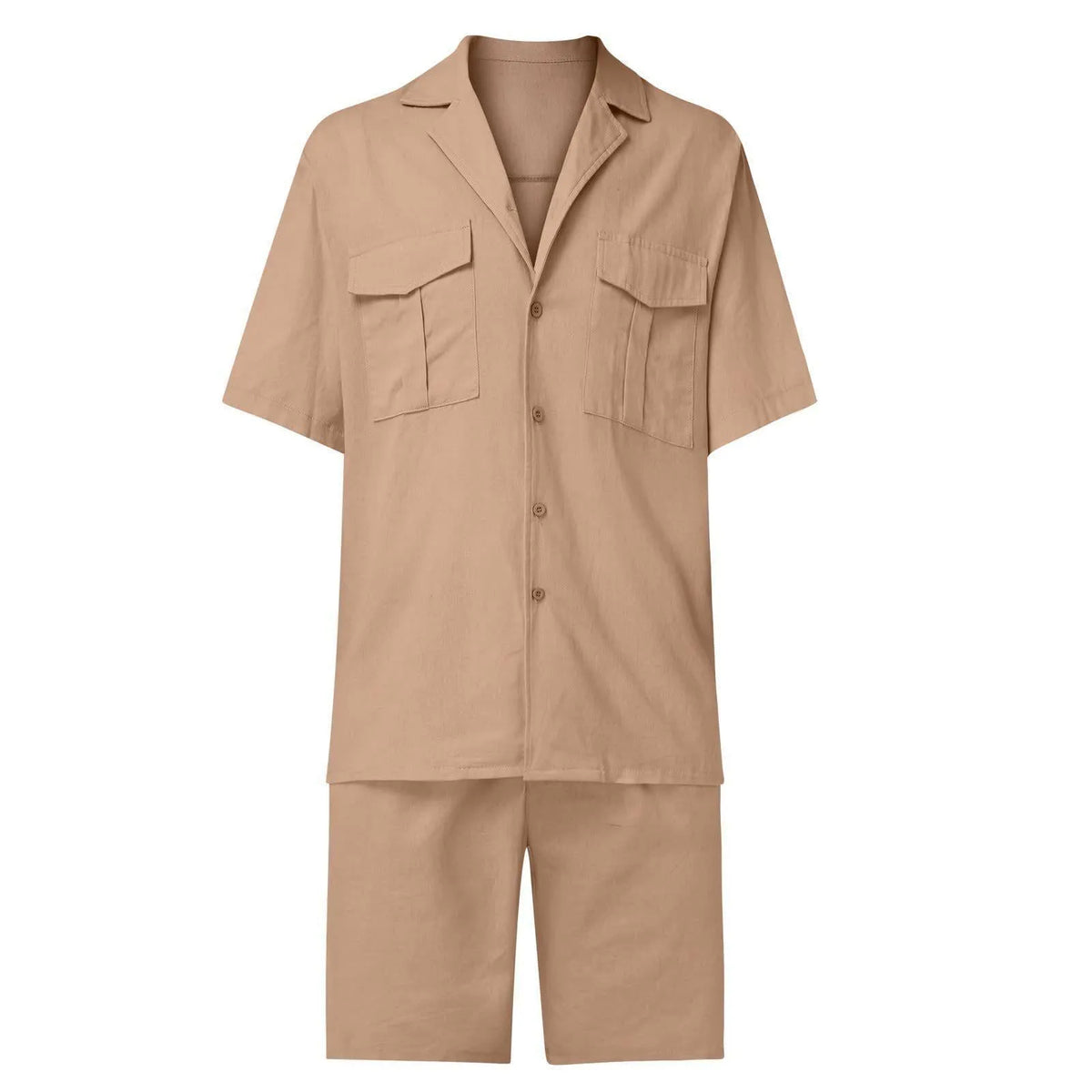 Linen lapel collar short sleeve shirt set with pockets in loose casual style, solid colour, women's summer outfit