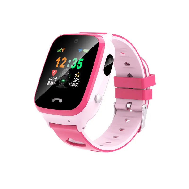 Children's smart phone watch with touch screen showing positioning interface on blue silicone wrist strap