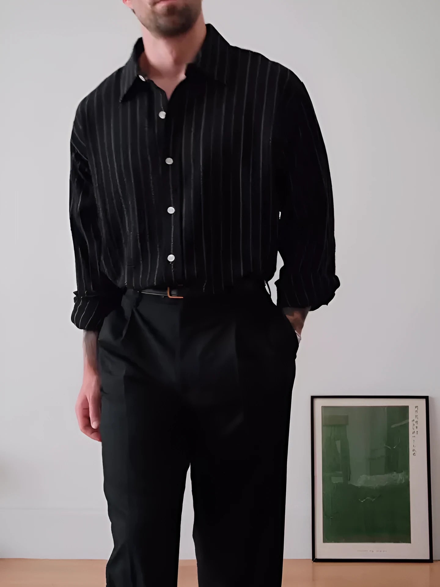 Black pinstripe button-down men's shirt with regular fit and polyester fabric