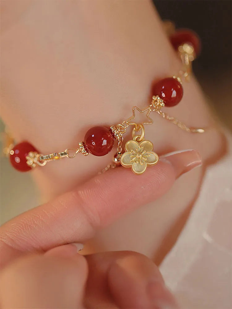 Red agate double layer bracelet with peach blossom motifs for women