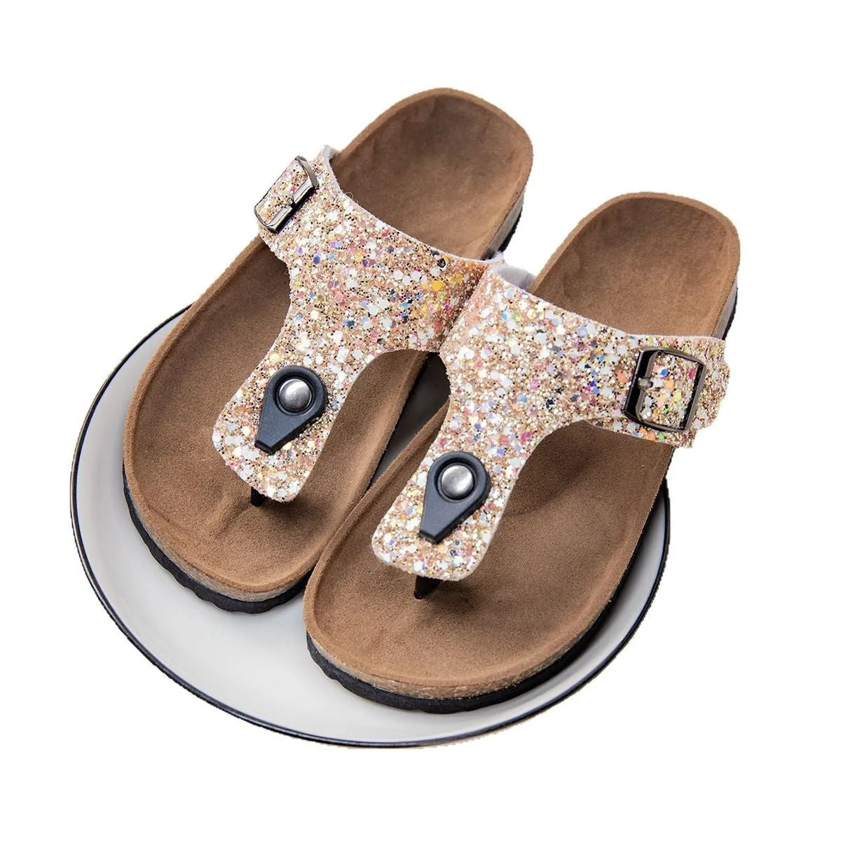 Cork beach flip-flops with frosted finish artificial leather uppers and PVC soles in pink colour