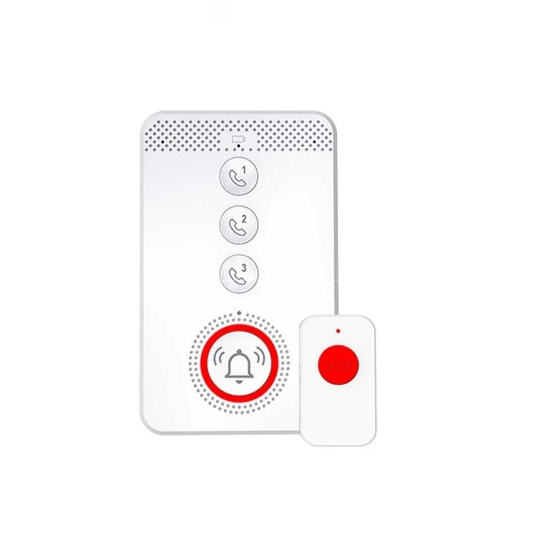 White elderly emergency alert device with central buzzer unit and three wireless emergency buttons for home safety.