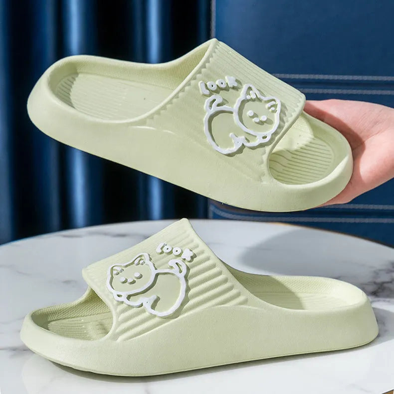 Women's cat print platform slippers in green, with a thick non-slip EVA sole for indoor and outdoor use.