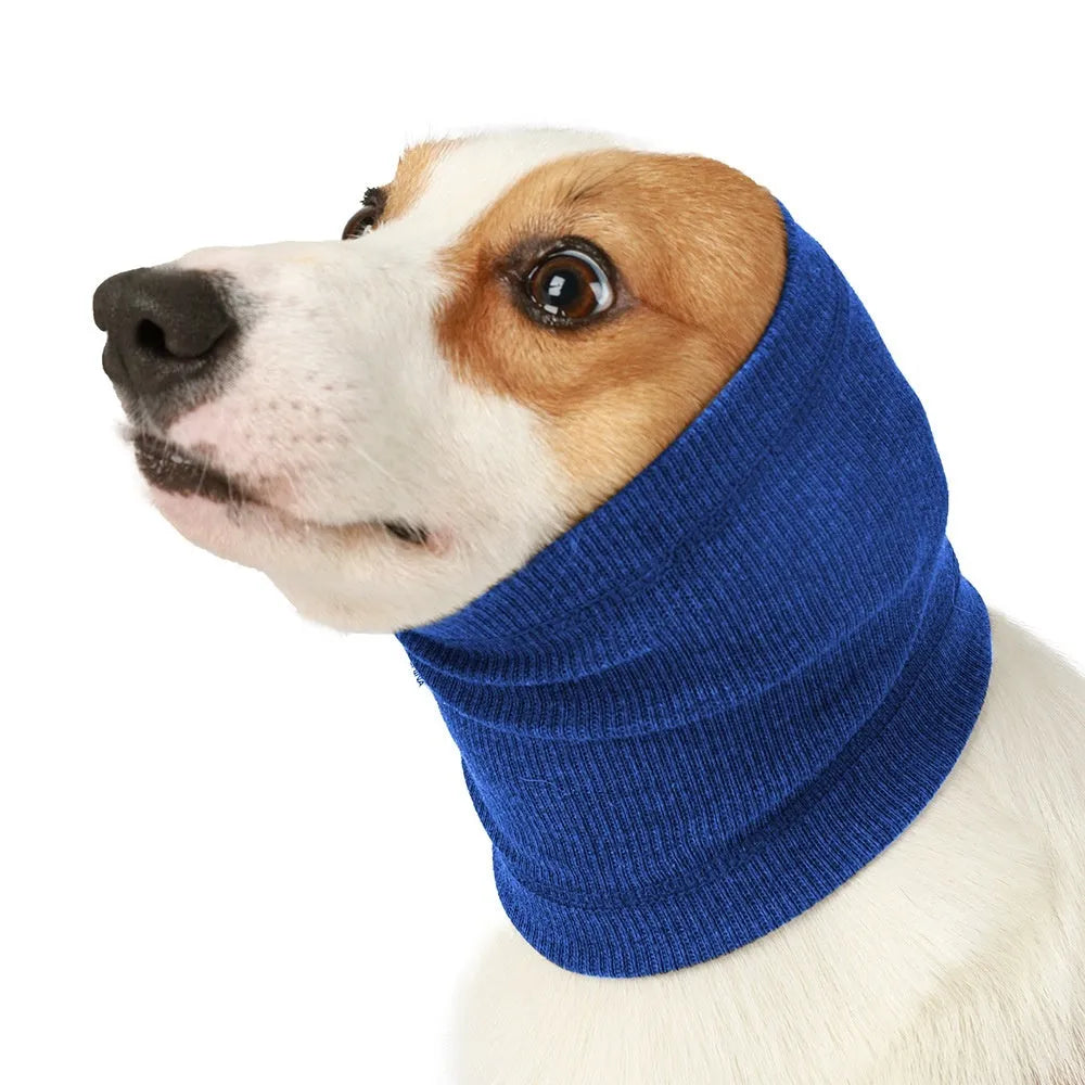 Blue polyester dog headband scarf comforter laid flat, showing its casual bandana shape and size.
