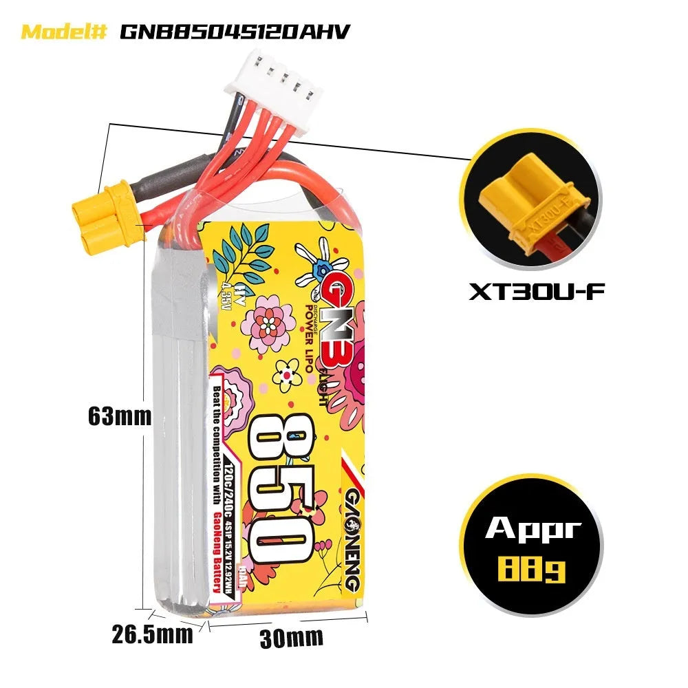 High energy 850mAh 4S 15.2V 120C LiPo battery pack with XT30 connector for RC model airplane drone