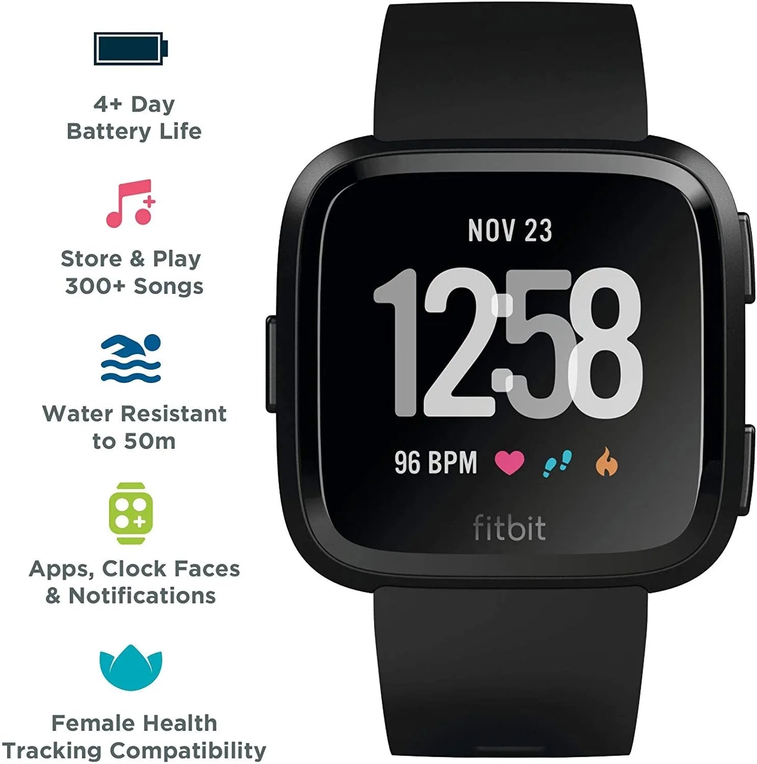 Black smart watch with silicone strap showing heart rate monitoring on its 1.4 inch screen