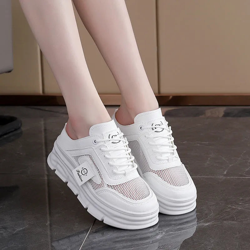 Women's mesh panel half slippers with round toe and height-increasing insole in black, khaki, and white colours