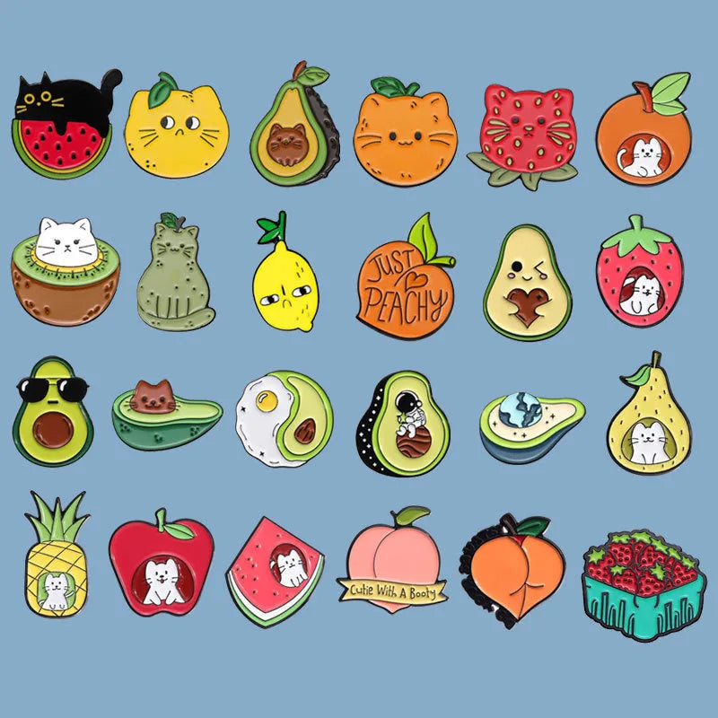Colourful cartoon fruit design on a letter-shaped zinc alloy brooch pin.