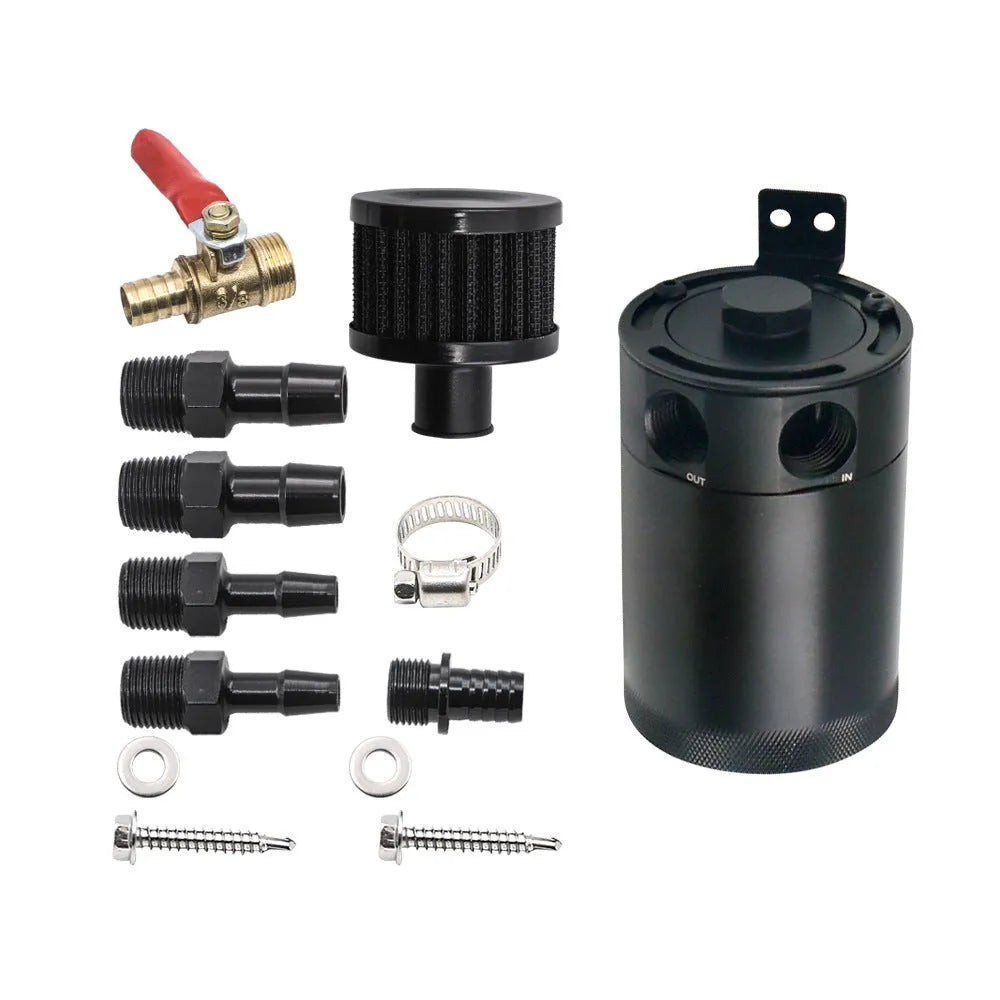 Black aluminium automotive oil pot with connectors and installation hardware