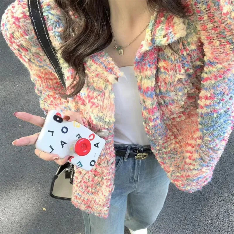 Retro rainbow patterned knitted cardigan sweater in green or pink ice cream colours with slim fit design