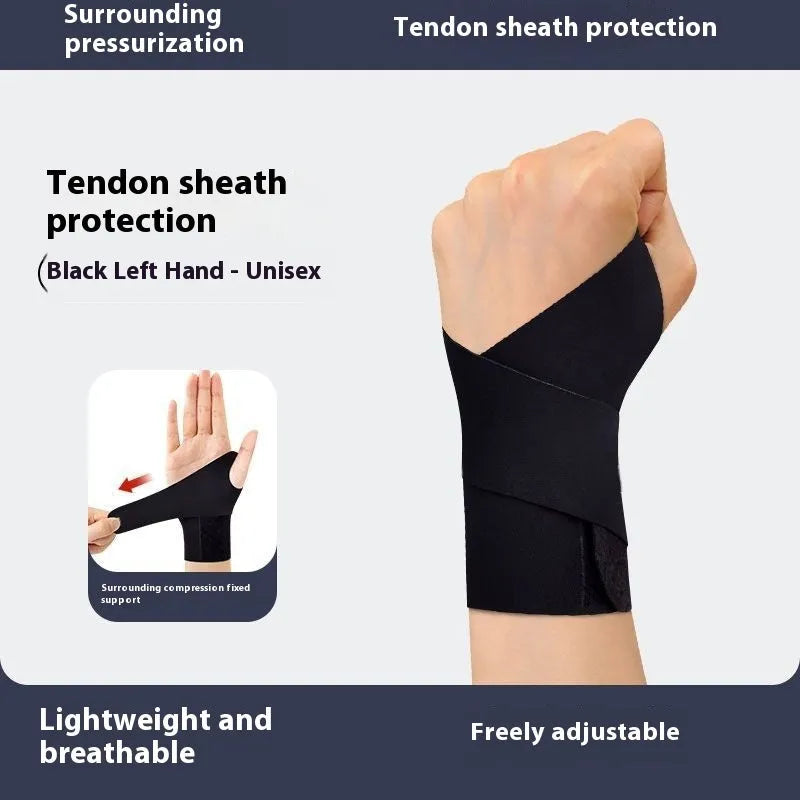 Adjustable black athletic wristguard shown on a wrist, suitable for badminton, tennis, and volleyball.