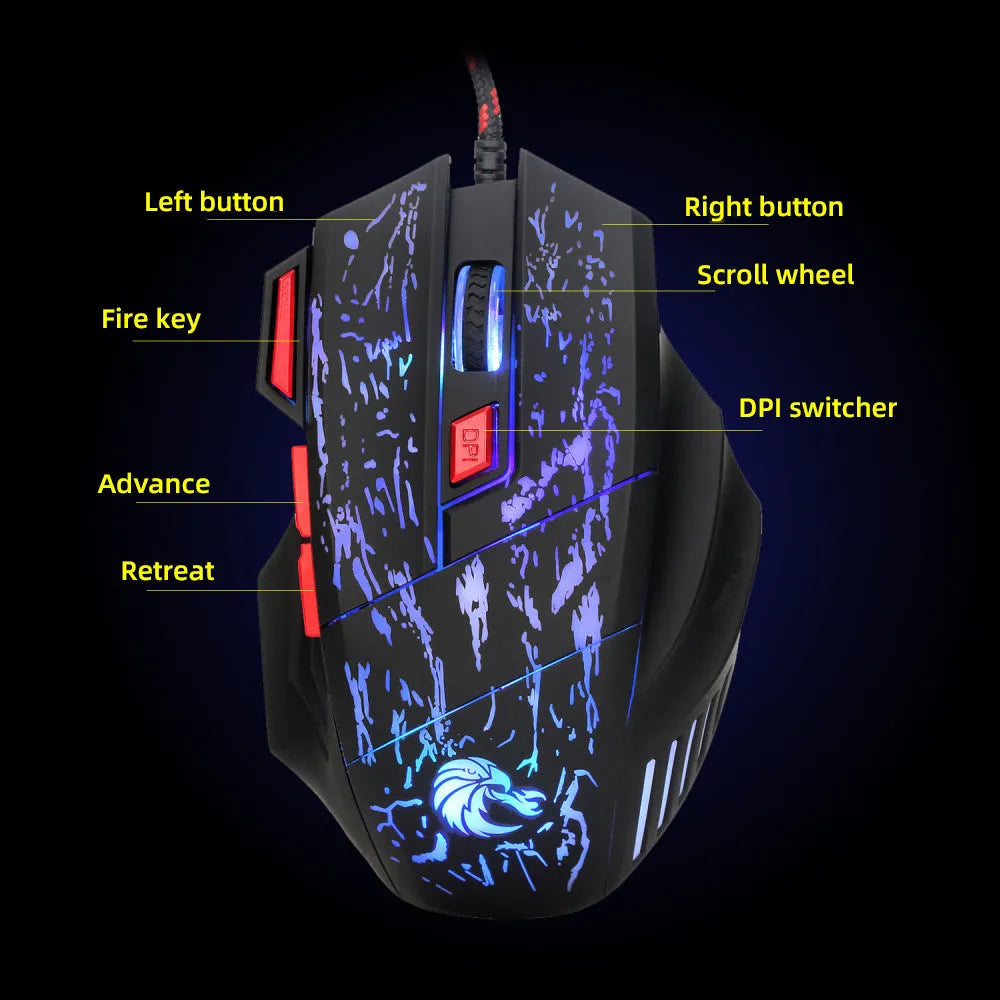 Colourful luminous water crack pattern gaming mouse with ergonomic shape and USB cable