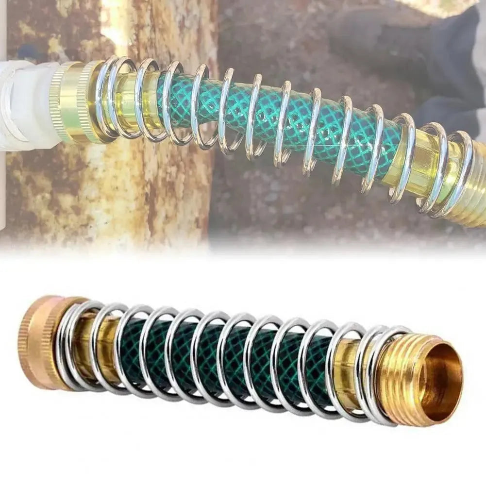 Brass garden hose sprinkler connector with spiral spring mechanism and threaded joints