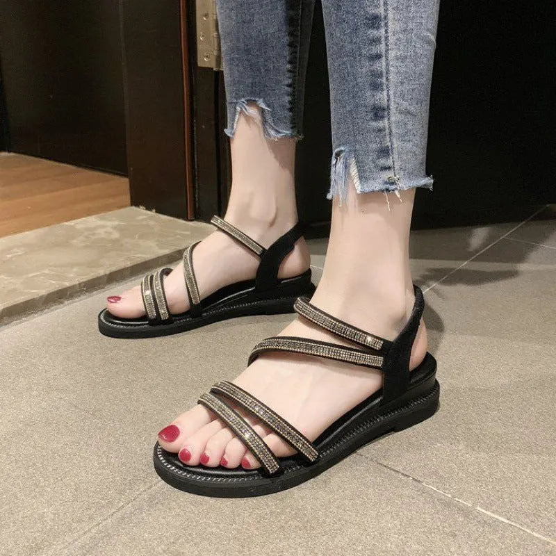 Gold Korean-style women's flat sandals with rhinestone design and elastic band