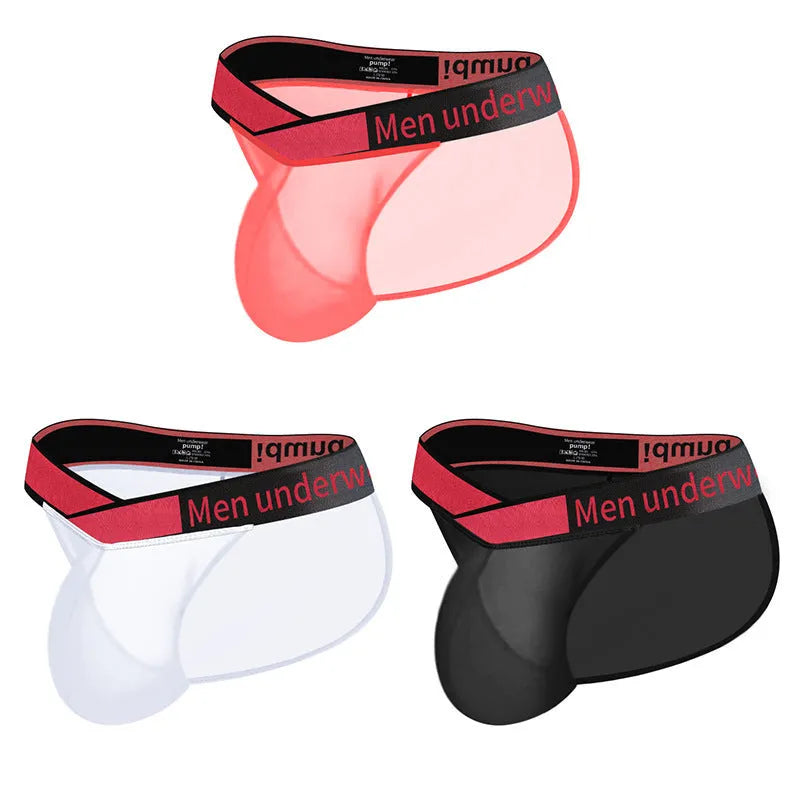 Men's transparent ice silk nylon briefs with large V gradient high fork design in black colour