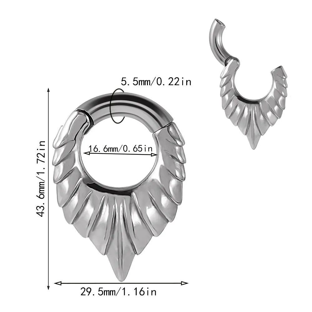 Stainless steel drop-shaped auricle ear extenders with round hanging egg motifs and totem detail.