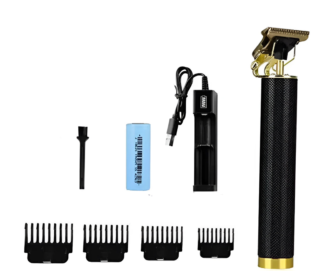 Black rechargeable electric hair clipper with gold steel blades, four plastic combs, and a cleaning brush on a white background.