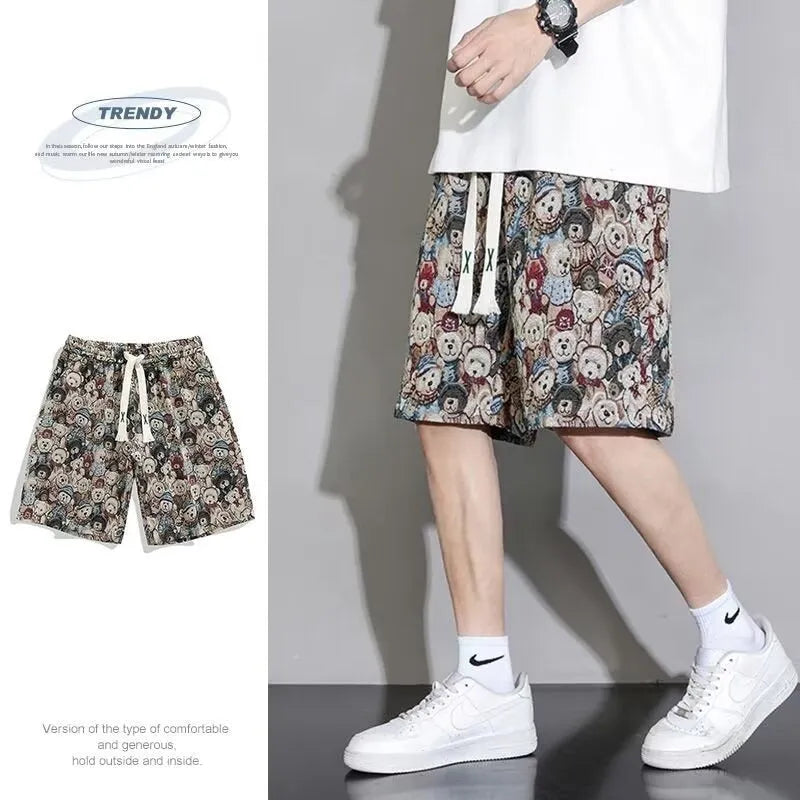 Men's fifth pants polyester fibre shorts with bear print, elastic waistband, loose fit, multiple sizes M-5XL