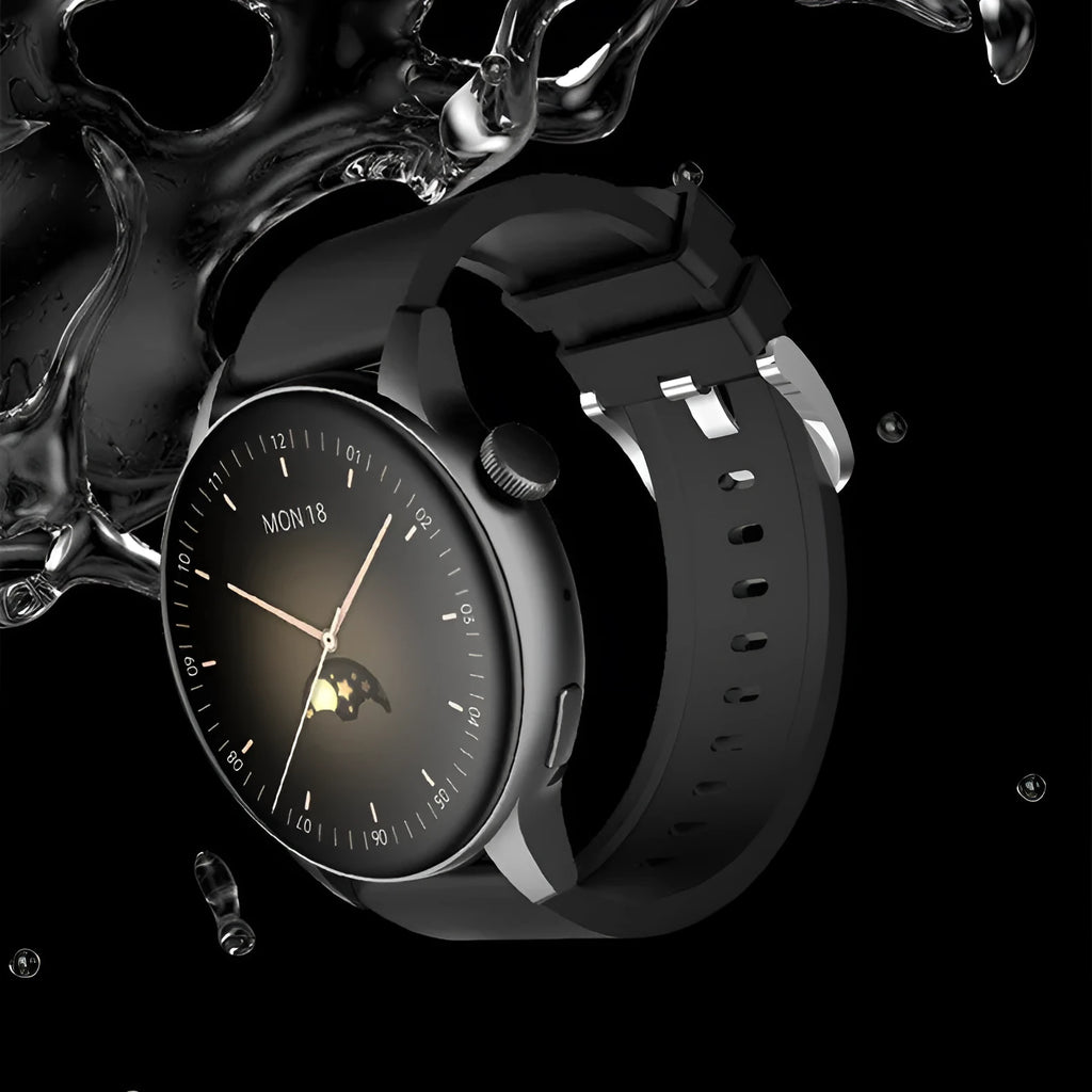 Black stainless steel smart watch with a circular colour screen showing a watch face.