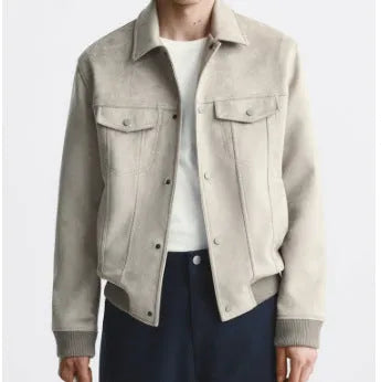 British style suede velvet commuter jacket in light grey or mink colour with long sleeves