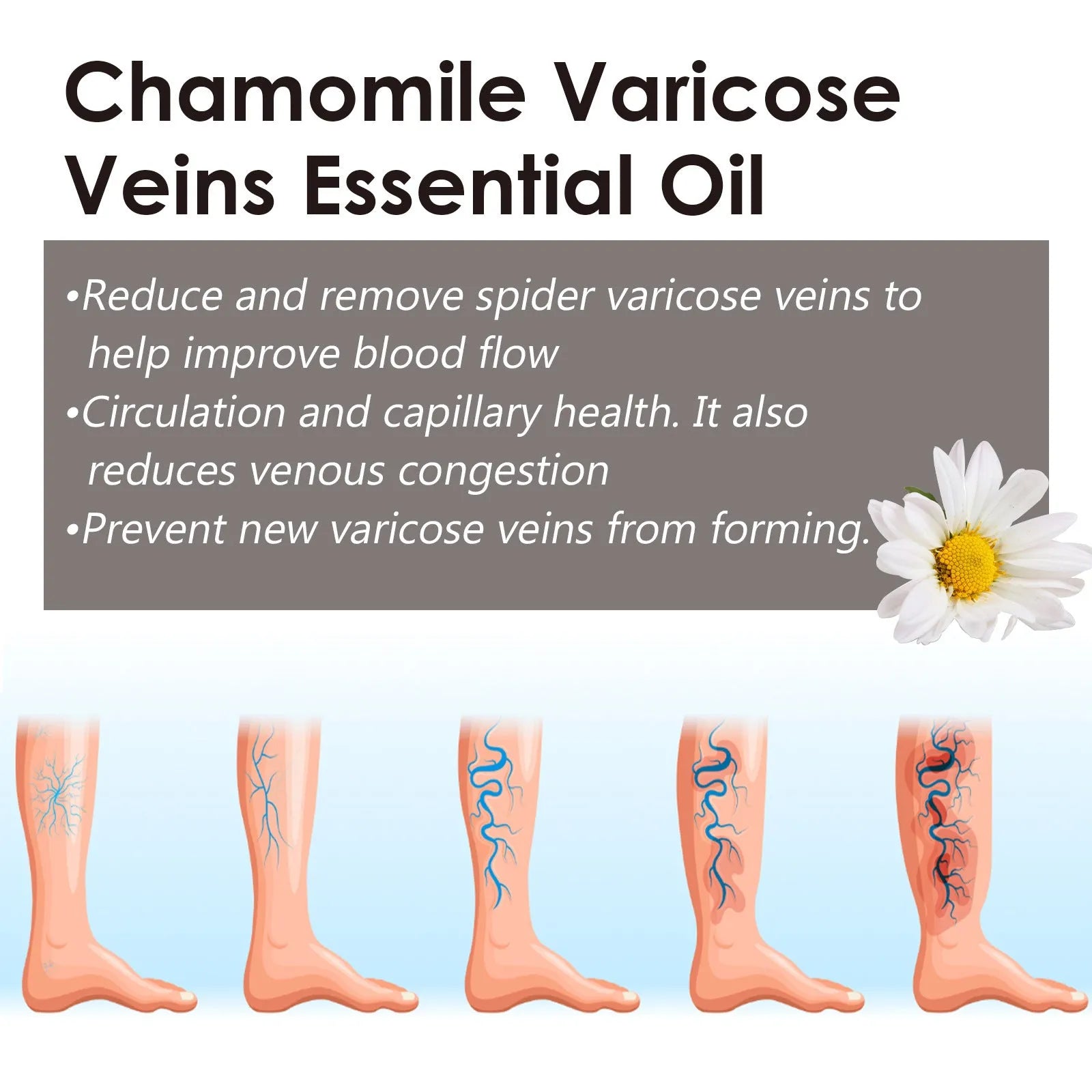 10ml bottle of pure chamomile essential oil for leg care and massage