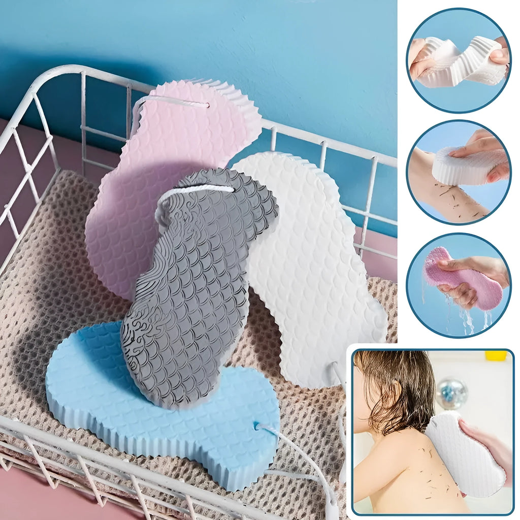 White 3D fish scale pattern bath sponge ball with hanging loop on a bathroom background.