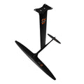 Black carbon fibre and aluminium alloy racing surf hydrofoil with large front wing.