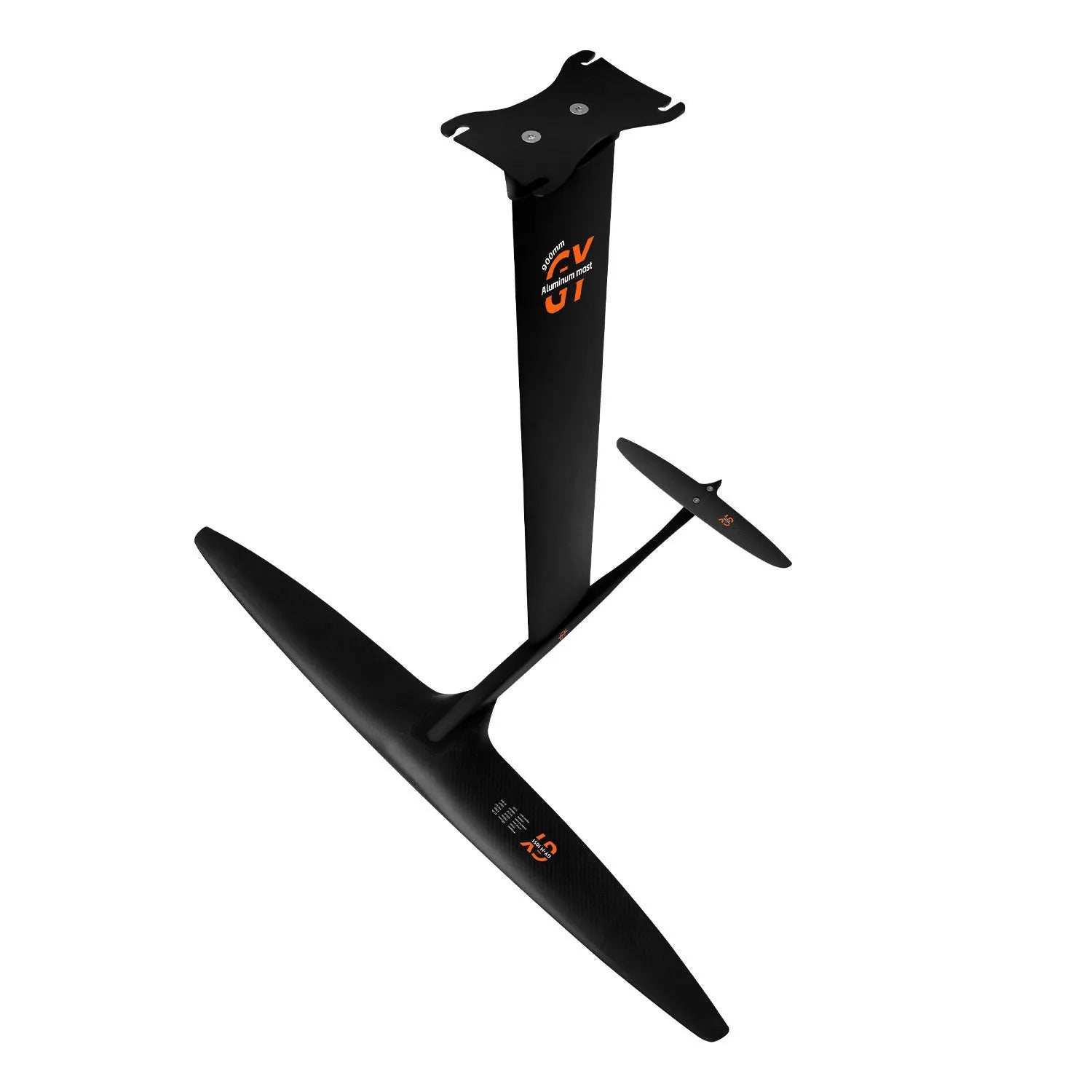 Black carbon fibre and aluminium alloy racing surf hydrofoil with large front wing.