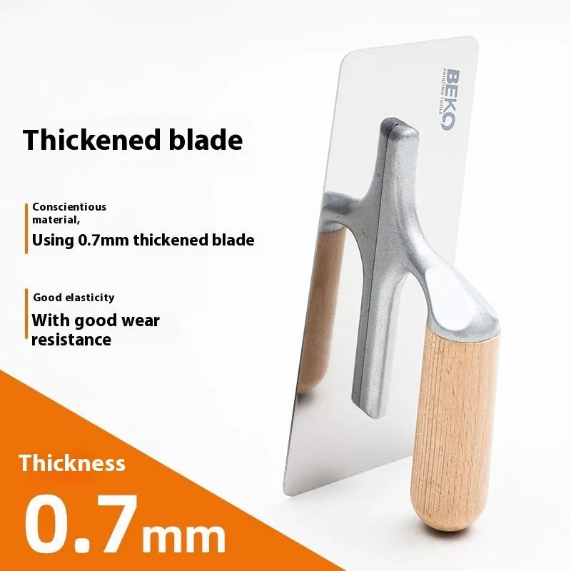 Stainless steel putty scraper with wooden handle showing three blade size options for cement application