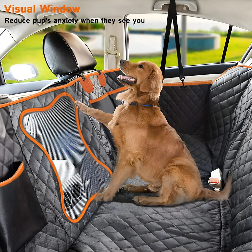 Black and orange waterproof dog car seat cover showing mesh window and accessory pocket