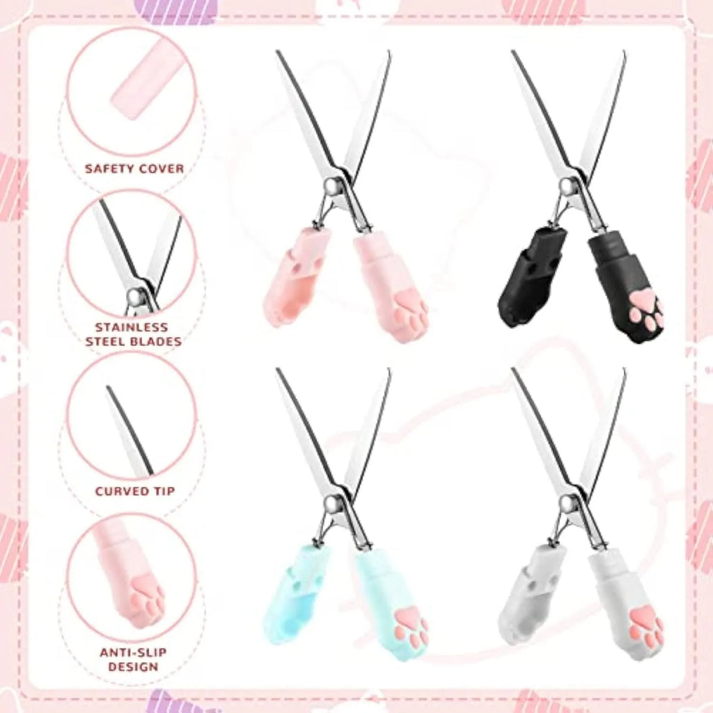 Cat paw mini folding scissors in pink, white, black, and blue colours showing closed and open positions