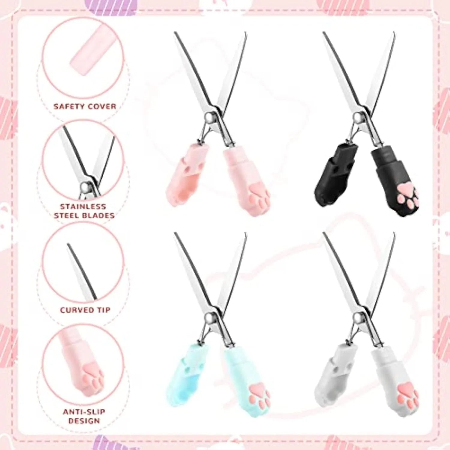 Cat paw mini folding scissors in pink, white, black, and blue colours showing closed and open positions