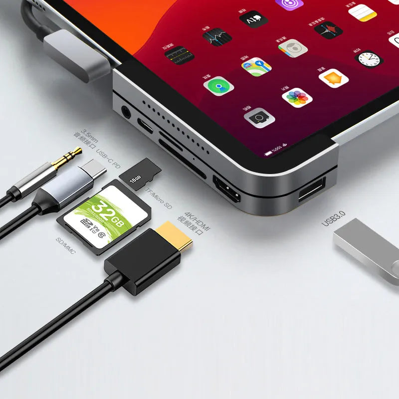Silver aluminium grey USB Type-C 6-in-1 docking station for iPad Pro with HDMI port and SD/TF card readers