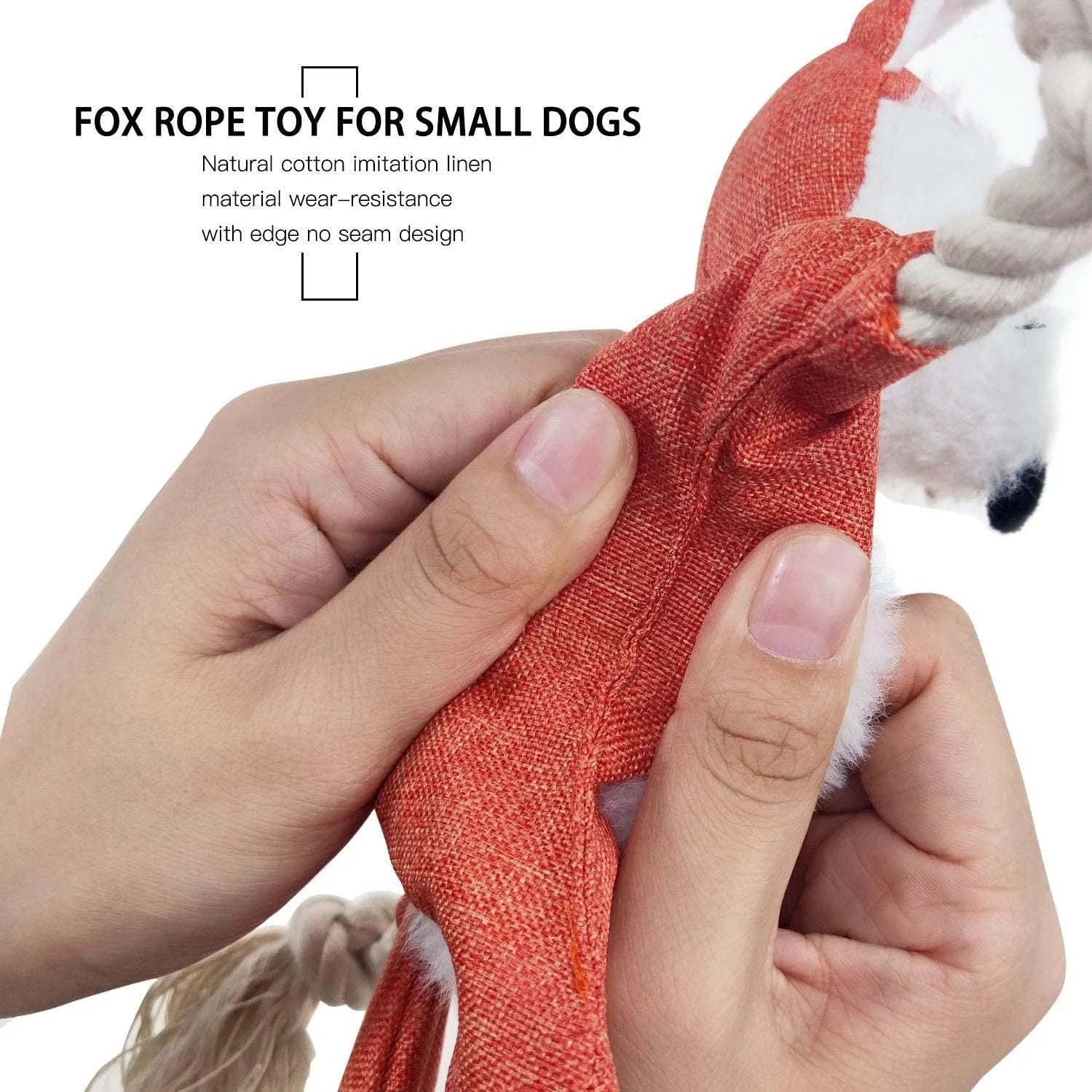 Brown fox dog toy with squeaker, crinkle paper sounds, and cotton rope arms for chewing