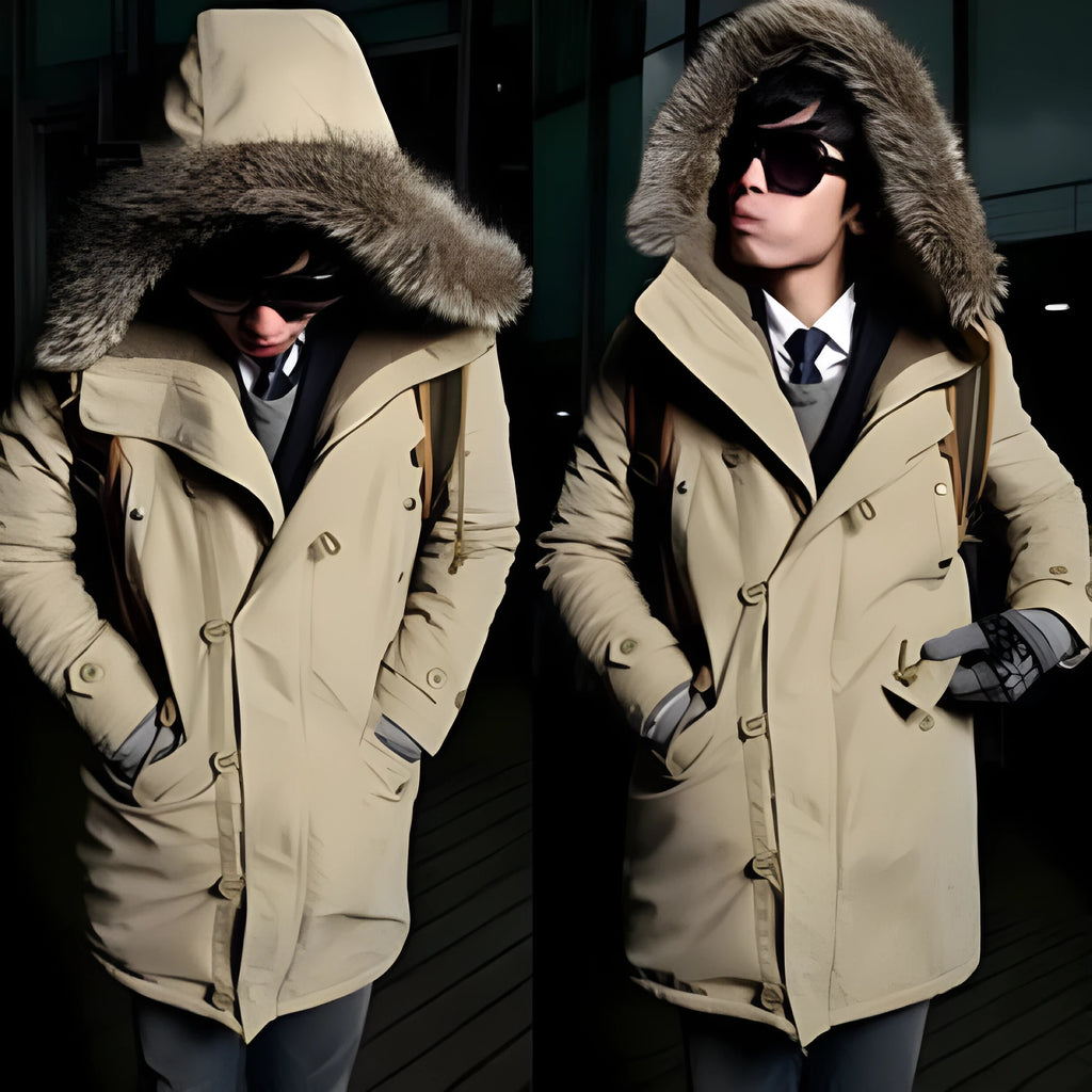 Men's hooded cotton parka jacket in black, blue, green or khaki with patch pockets