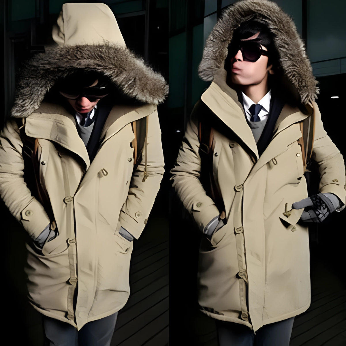 Men's hooded cotton parka jacket in black, blue, green or khaki with patch pockets