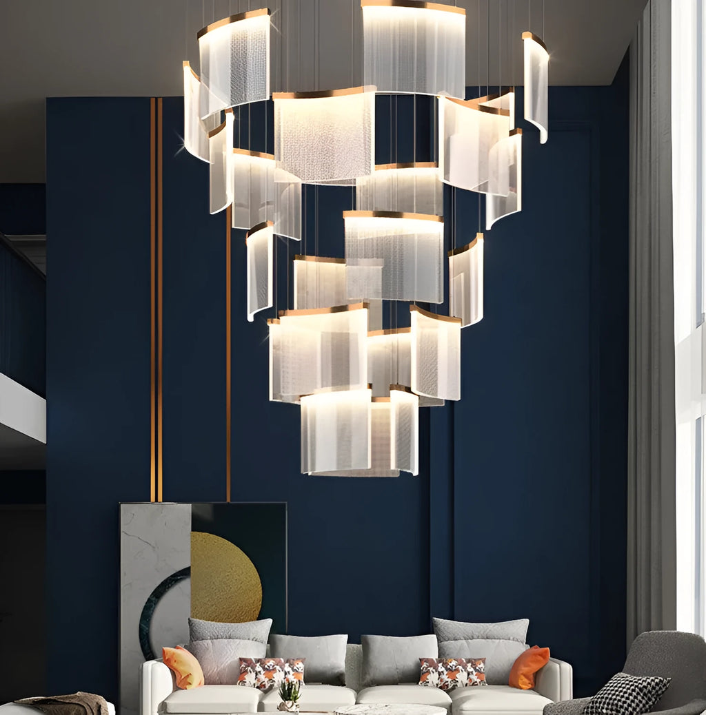 Villa duplex large chandelier in gold mesh finish with stainless steel body and multiple LED light heads against a modern living room ceiling