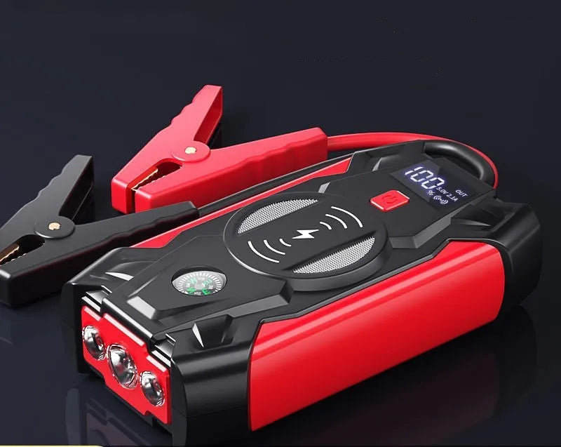 Red 12V car emergency jump starter power pack with digital display and air pump, showing 39800W output.