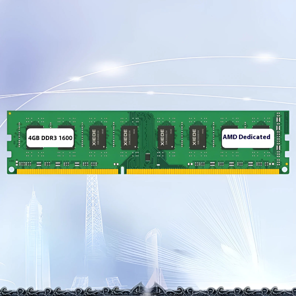Desktop DDR3 4GB 1600 MHz memory module showing gold contact pins and capacity label