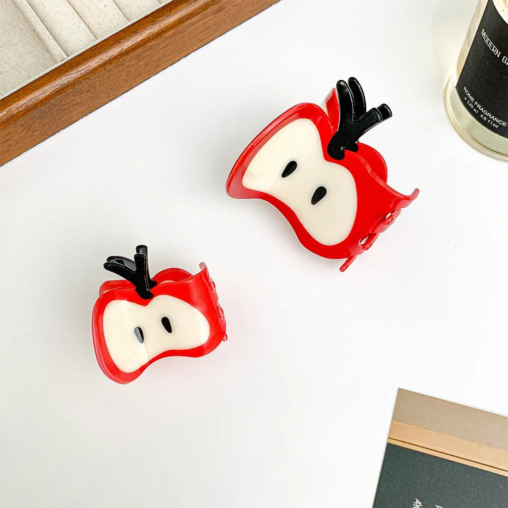 Large red spliced handmade hair clip with apple design and grip, 6.5cm length, for women