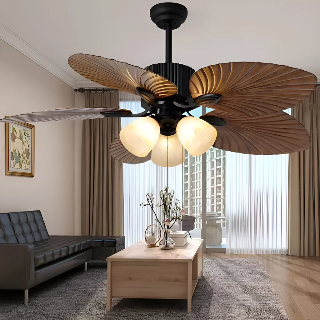 Retro ceiling fan light with wooden blades and three copper lampshades hanging from ceiling