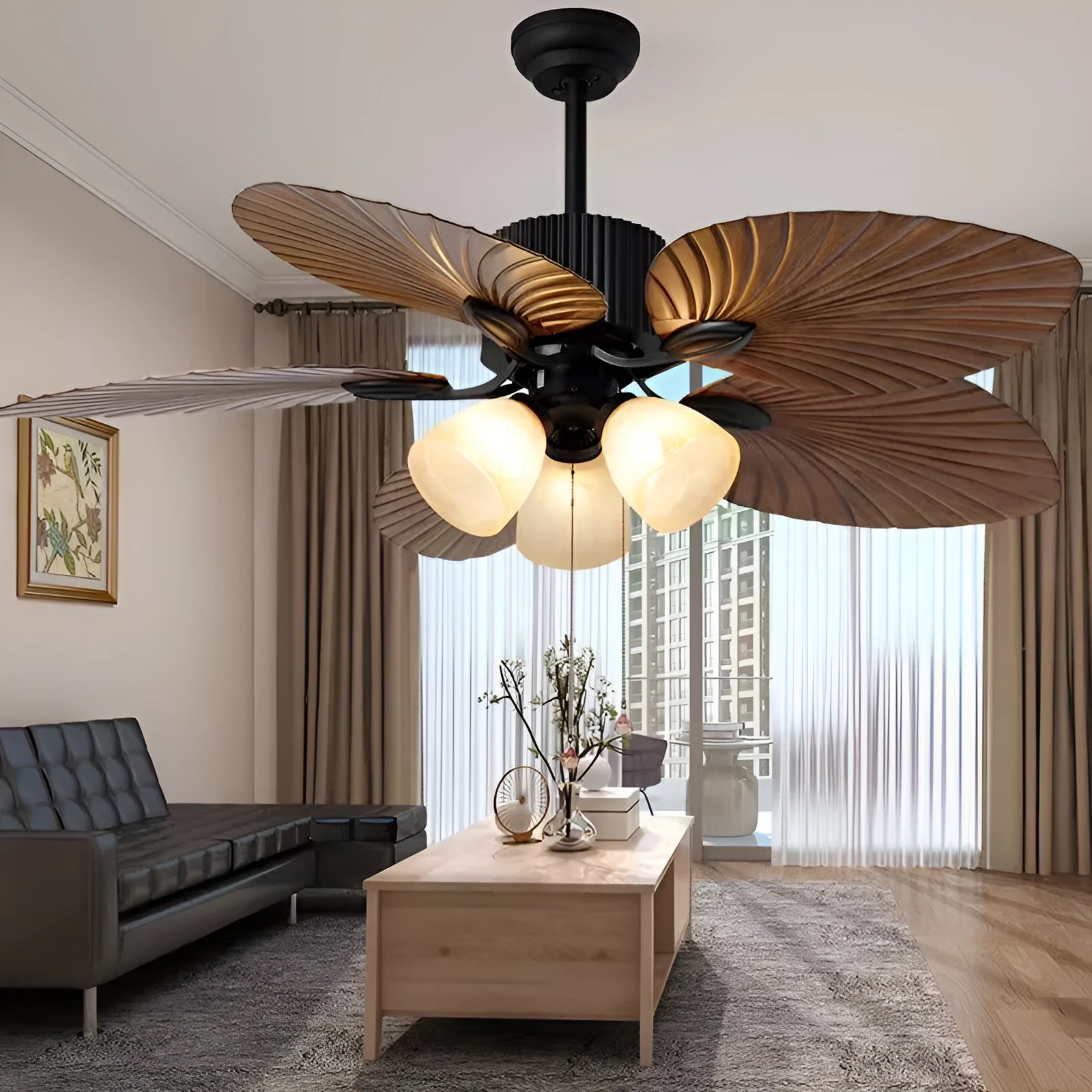 Retro ceiling fan light with wooden blades and three copper lampshades hanging from ceiling