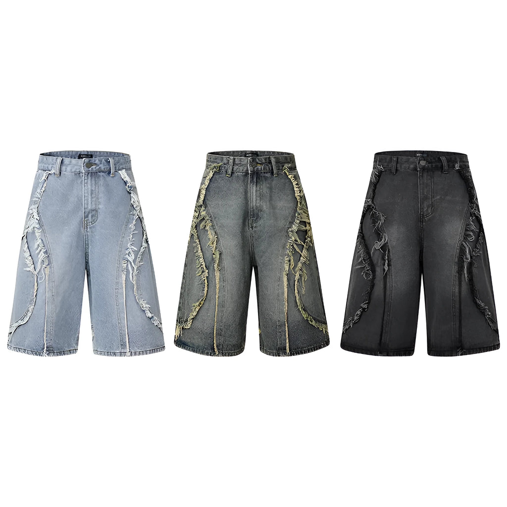 Men's distressed denim shorts with raw edge detailing in straight cut hip hop style